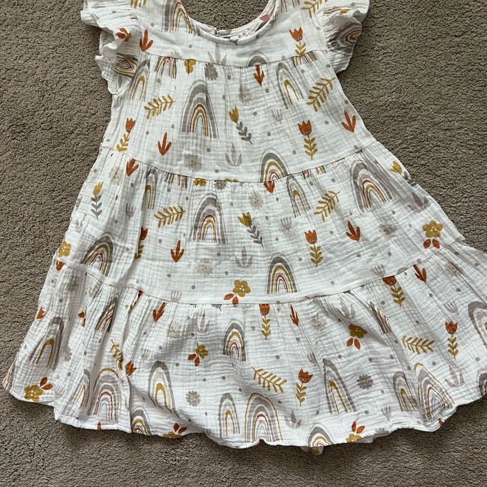 Girls Dot Dot Smile Dress with Rainbow and Floral Print- Size 5/6